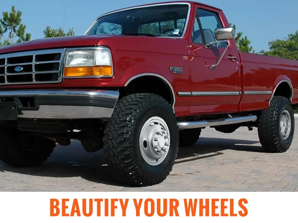 red f350 truck with VEVOR wheel simulators, promoting mirror polishing for long-lasting luster.