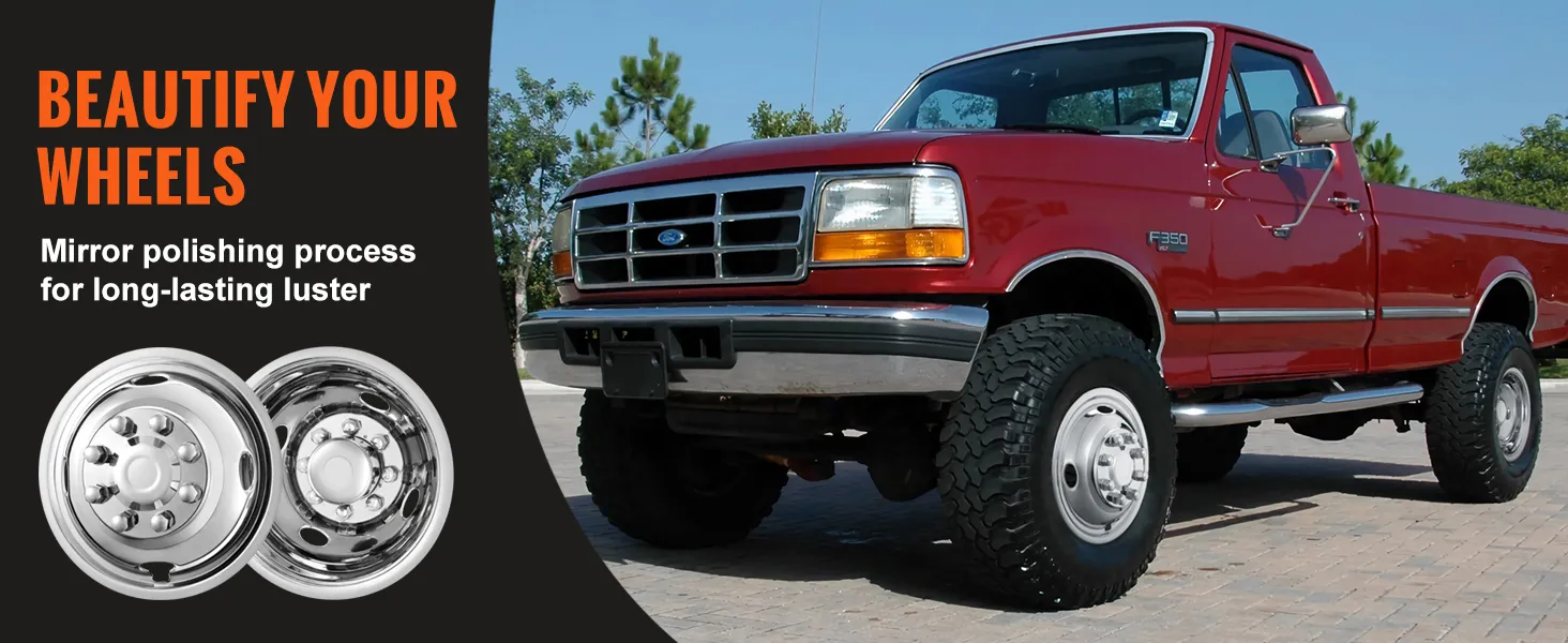 red f350 truck with VEVOR wheel simulators, promoting mirror polishing for long-lasting luster.