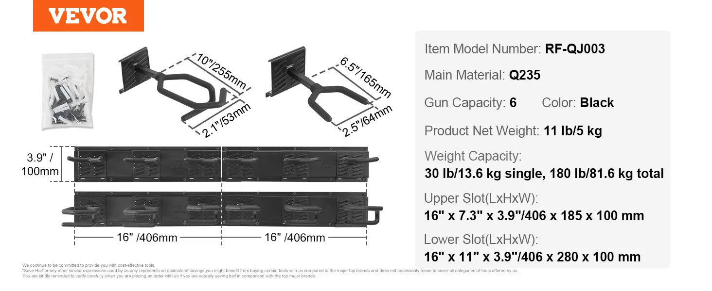 VEVOR-Waffenständer, Artikelnummer rf-qj003, für sechs Waffen, schwarz, Abmessungen und Details abgebildet.