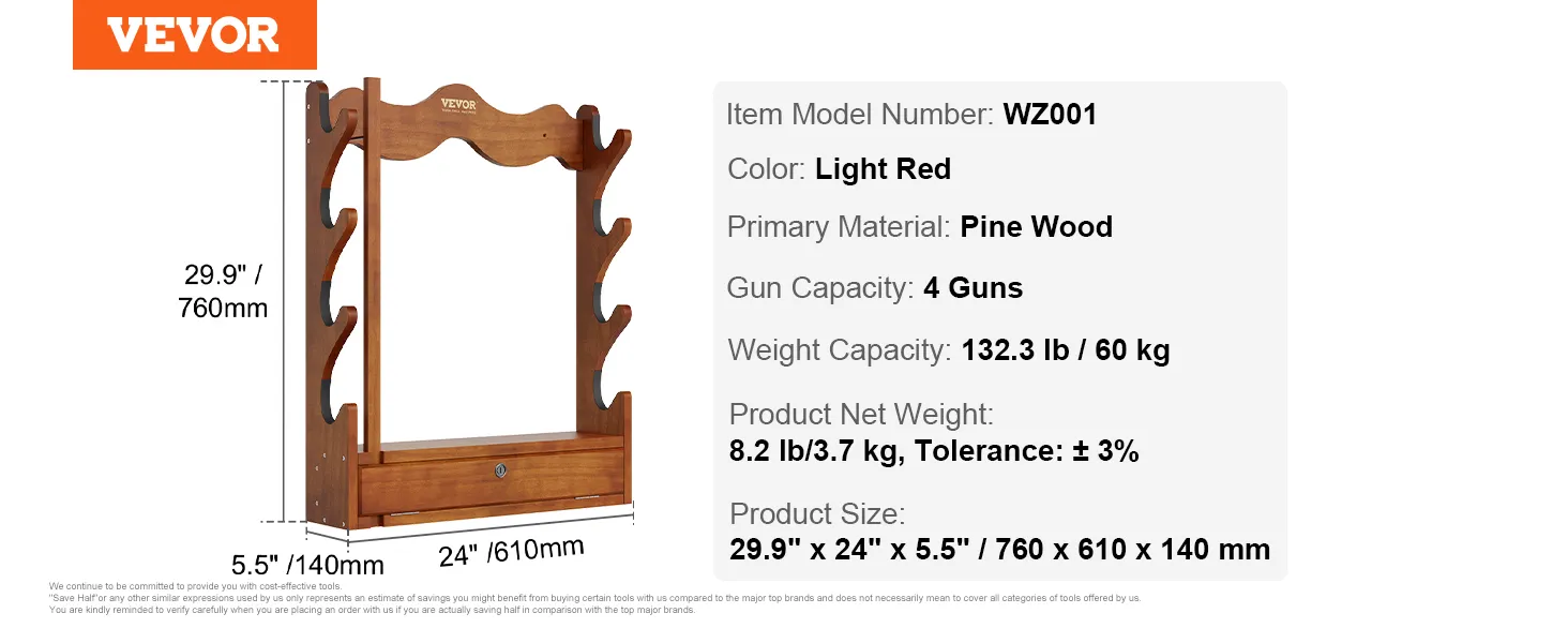VEVOR gun rack, model wz001, pine wood, holds 4 guns, 29.9" x 24" x 5.5", 132.3 lb capacity. light red.