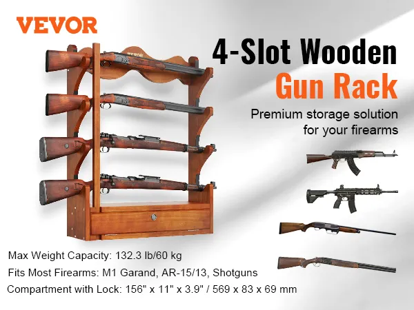 VEVOR gun rack: 4-slot wooden storage for m1 garand and ar-15. holds up to 132.3 lb.