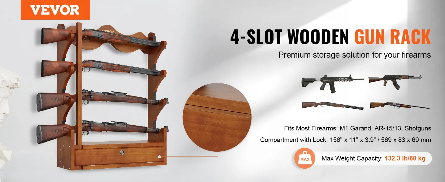VEVOR gun rack: 4-slot wooden storage for m1 garand and ar-15. holds up to 132.3 lb.