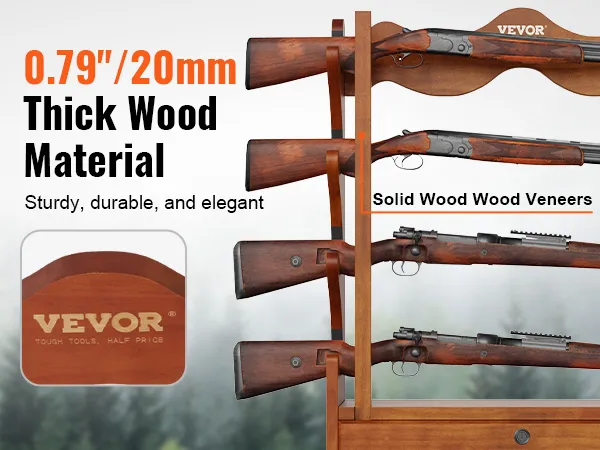 VEVOR gun rack showcasing three rifles, made from 0.79" thick wood with solid wood veneers.
