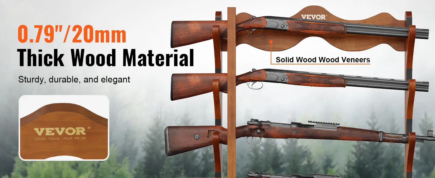 VEVOR gun rack showcasing three rifles, made from 0.79" thick wood with solid wood veneers.