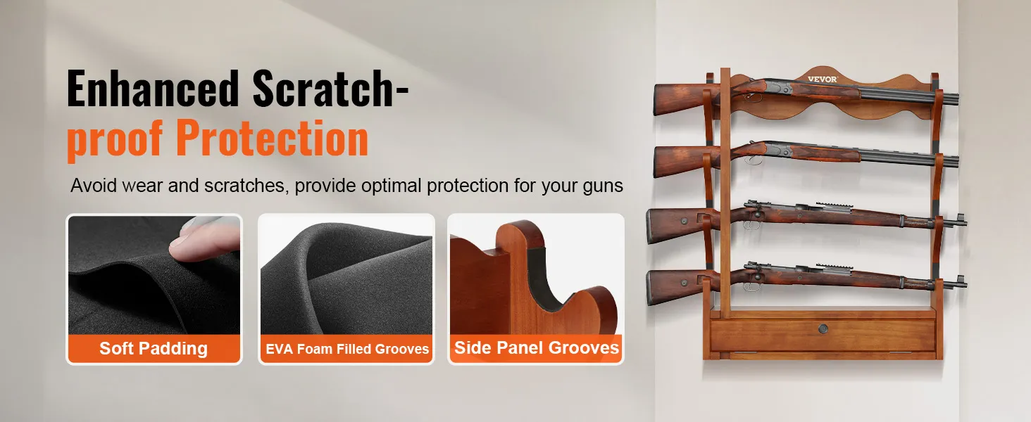 VEVOR gun rack with scratch-proof protection, soft padding, eva foam-filled grooves, and side panel grooves.