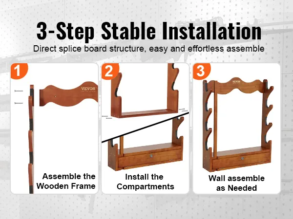 3-step guide to assembling wooden VEVOR gun rack: frame assembly, compartment installation, wall mounting.