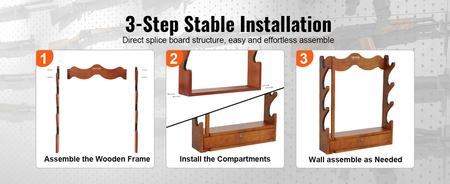 3-step guide to assembling wooden VEVOR gun rack: frame assembly, compartment installation, wall mounting.