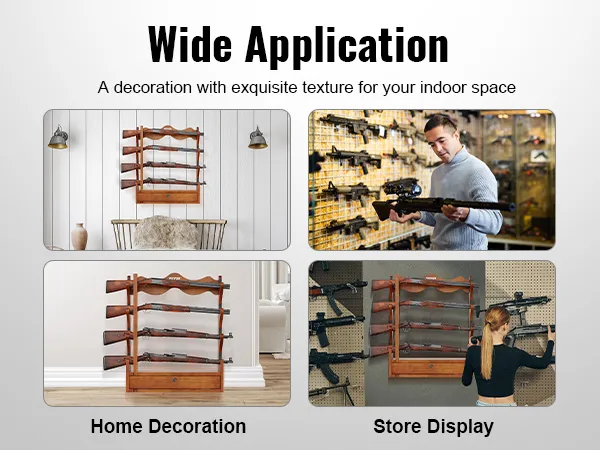 VEVOR gun rack in various indoor settings: home decoration and store display.