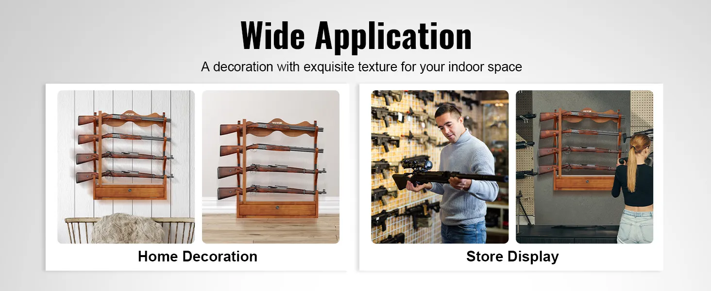 VEVOR gun rack in various indoor settings: home decoration and store display.