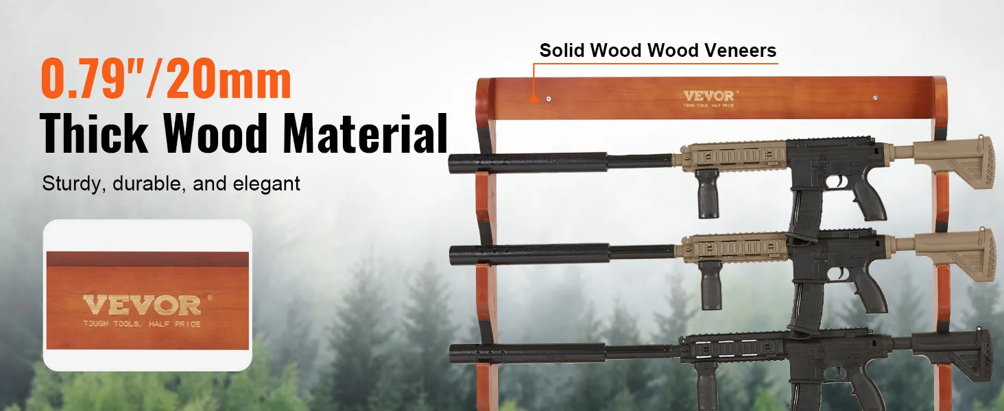 VEVOR gun rack made of 0.79"/20mm thick solid wood, sturdy and elegant, showcasing rifles.
