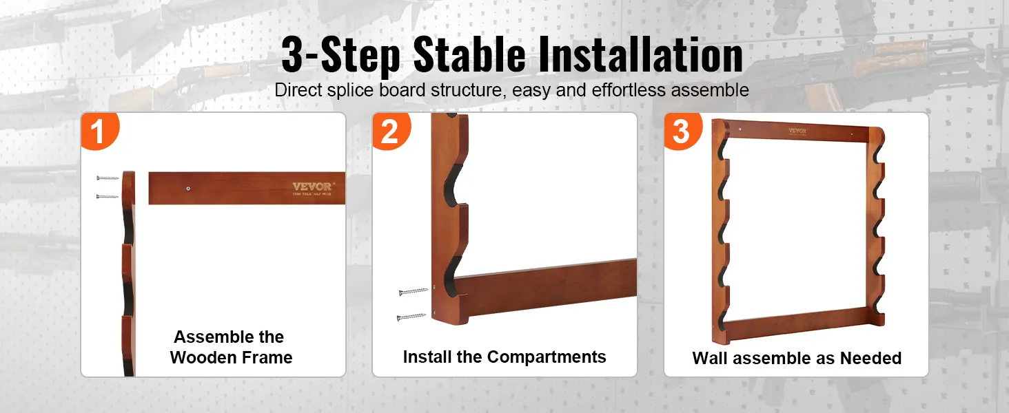 VEVOR 3-step installation: assemble wooden frame, install compartments, wall assemble.