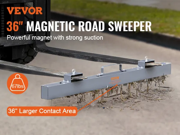 VEVOR magnetic sweeper, 36" road magnet attached to forklift, 67 lbs weight capacity.