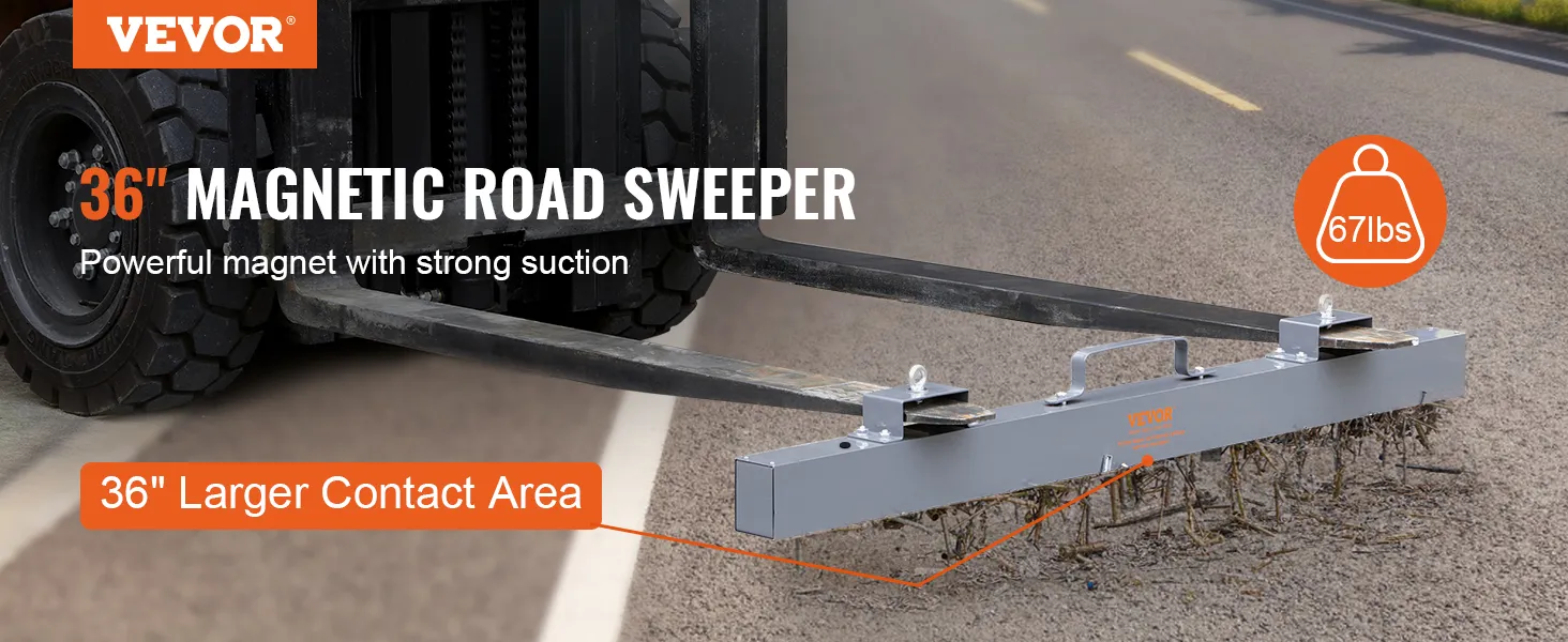 VEVOR magnetic sweeper, 36" road magnet attached to forklift, 67 lbs weight capacity.
