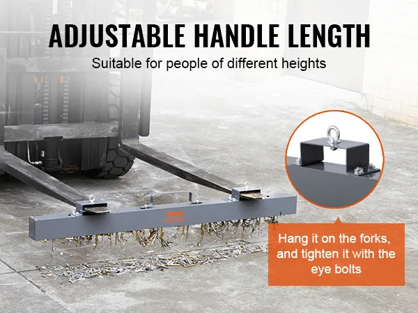 VEVOR magnetic sweeper attached to forklift collecting metal debris on concrete.