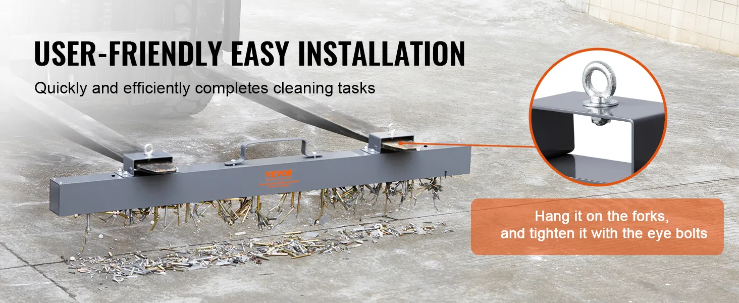 VEVOR magnetic sweeper attached to forklift collecting metal debris on concrete.