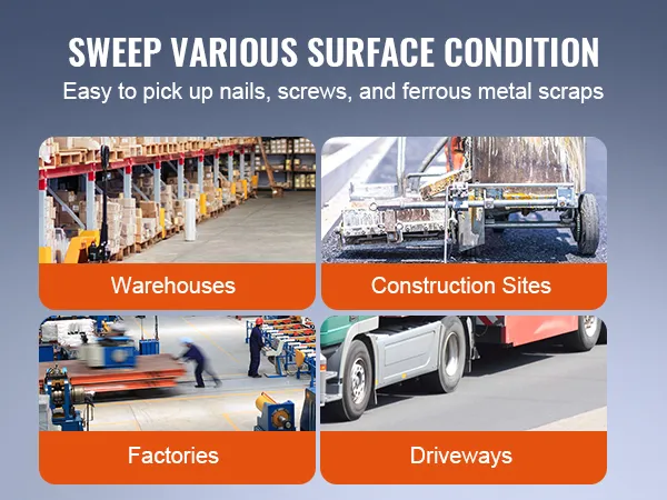 VEVOR magnetic sweeper for warehouses, construction sites, factories, driveways.