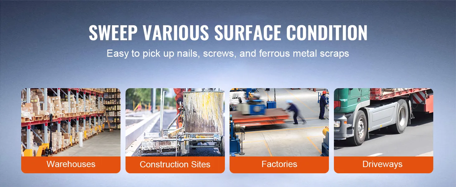 VEVOR magnetic sweeper for warehouses, construction sites, factories, driveways.