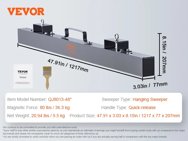 VEVOR magnetic sweeper, 47.91 x 3.03 x 8.15 in dimensions, 80 lbs magnetic force.