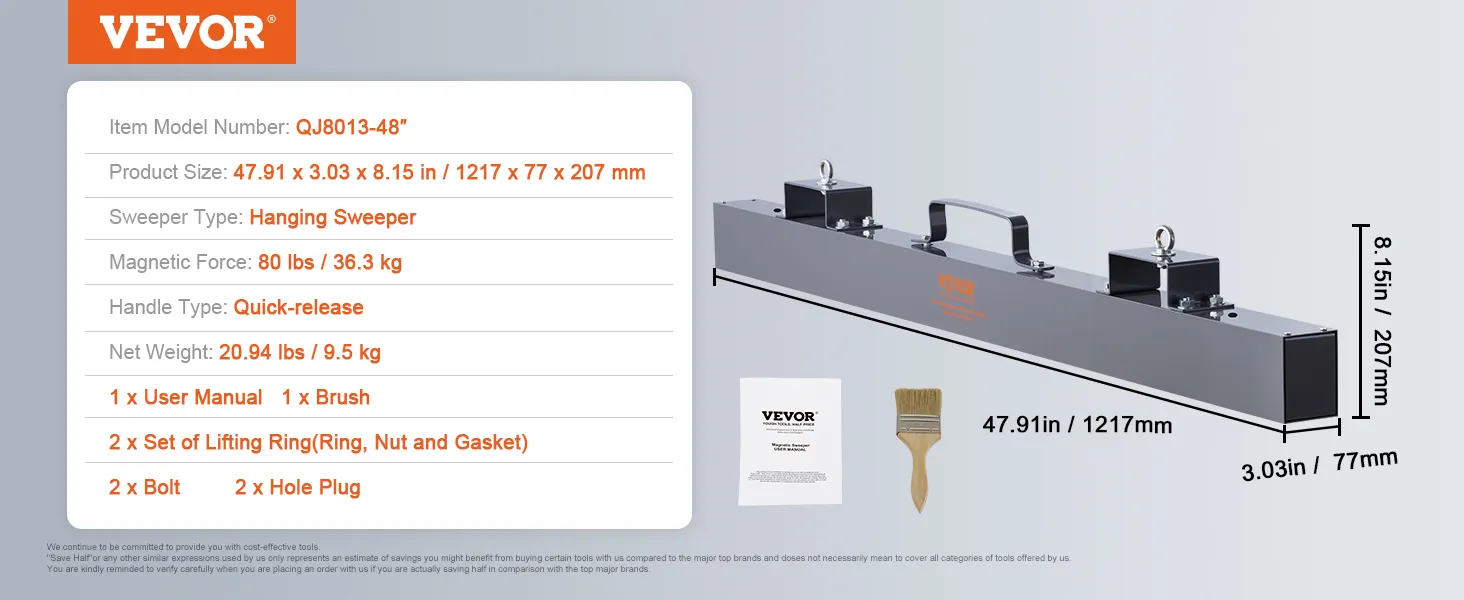 VEVOR magnetic sweeper, 47.91 x 3.03 x 8.15 in dimensions, 80 lbs magnetic force.