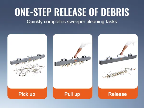 one-step debris release with VEVOR magnetic sweeper: pick up, pull up, release.