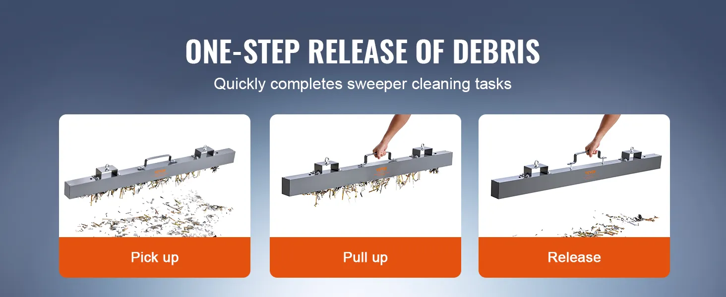one-step debris release with VEVOR magnetic sweeper: pick up, pull up, release.