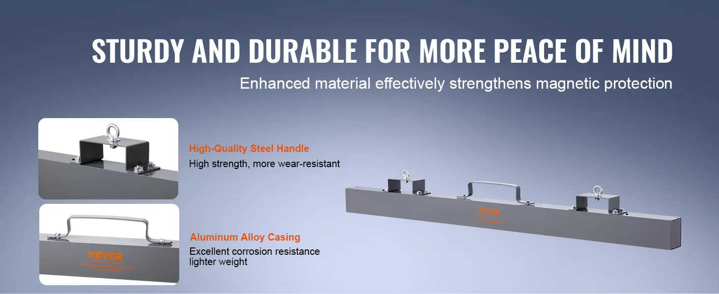 VEVOR magnetic sweeper with steel handle, aluminum casing, and enhanced magnetic protection.