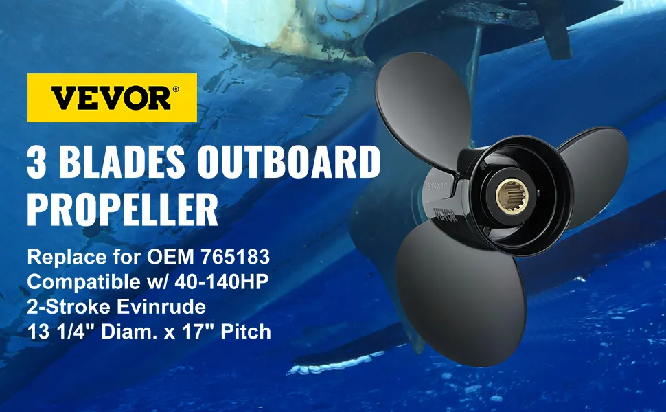 VEVOR outboard propeller with 3 blades, compatible with 40-140hp 2-stroke evinrude, 13 1/4" diameter.