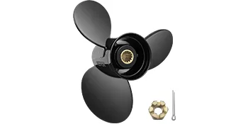 black VEVOR outboard propeller with three blades, brass nut, and pin against a white background.