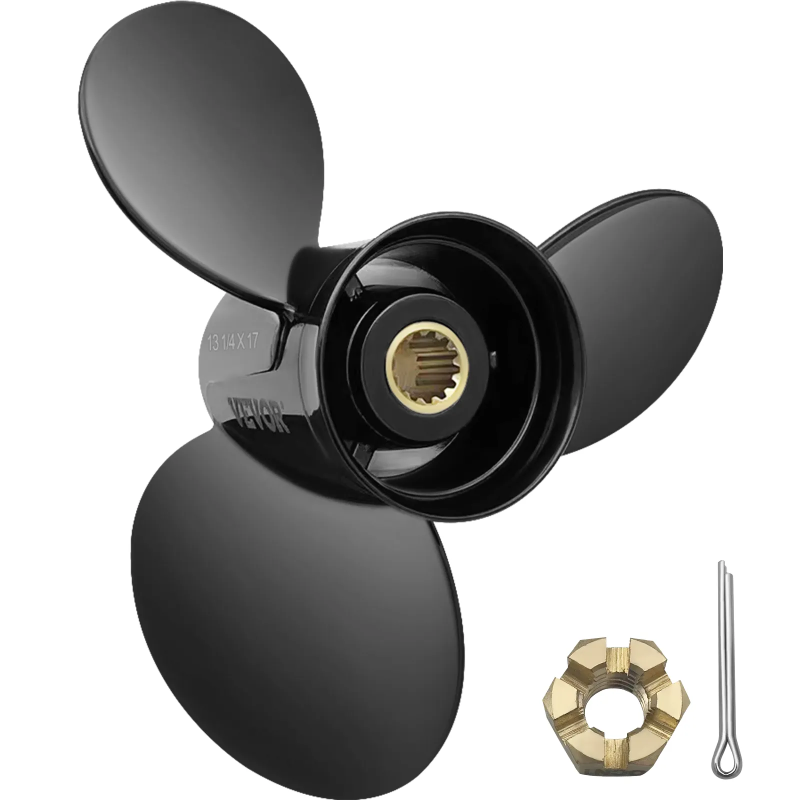black three-blade VEVOR outboard propeller with hardware components.
