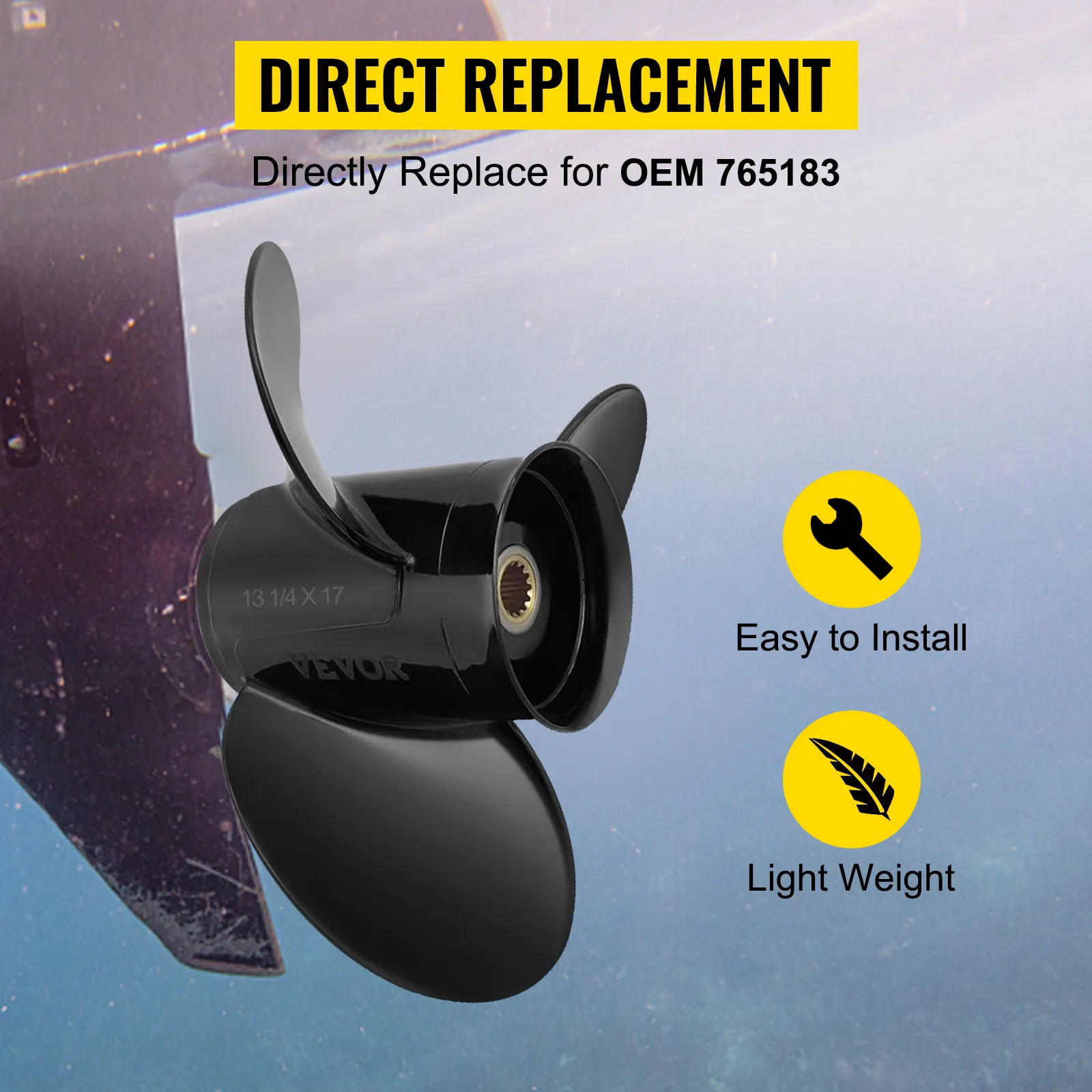 direct replacement VEVOR outboard propeller for oem 765183, easy to install, lightweight.