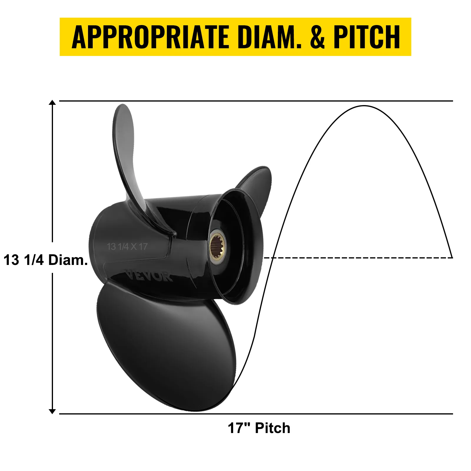 VEVOR outboard propeller with 13 1/4" diameter and 17" pitch, showcasing precision dimensions.