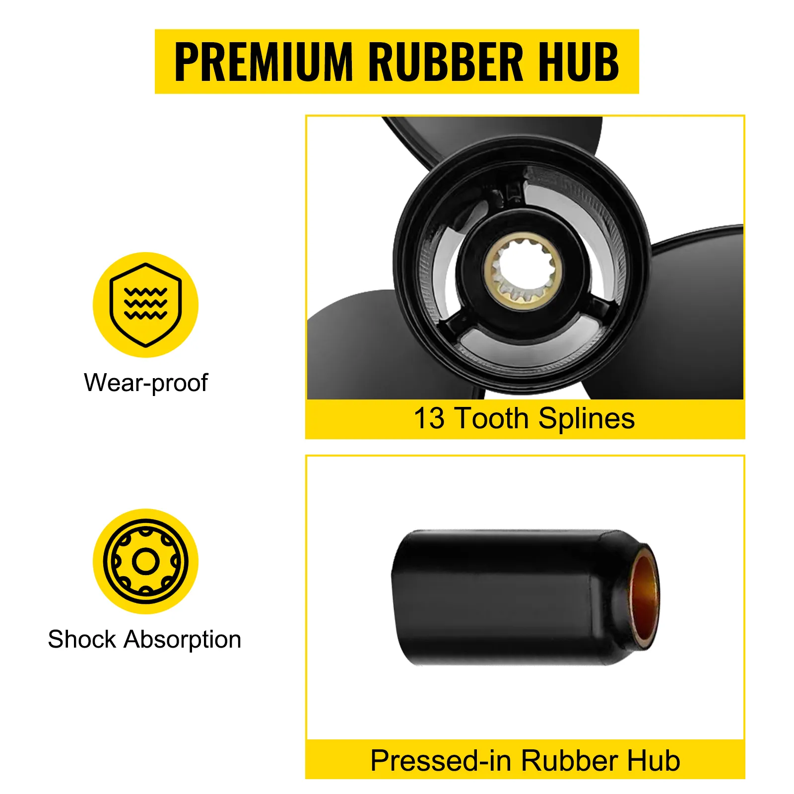 VEVOR outboard propeller with wear-proof 13 tooth splines and shock absorption pressed-in rubber hub.