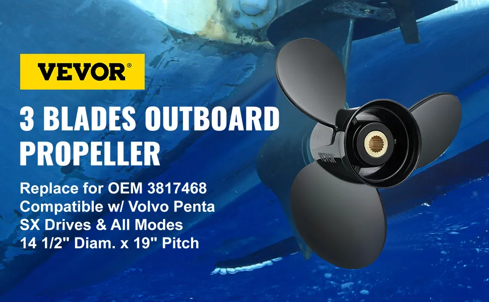VEVOR outboard propeller, 3-blade, oem 3817468, compatible with volvo penta sx drives, 14.5"x19" pitch