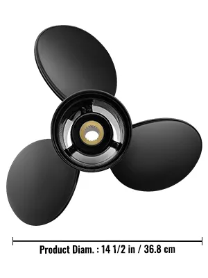 black three-blade VEVOR outboard propeller with a diameter of 14.5 inches (36.8 cm).