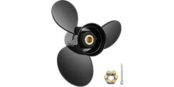 VEVOR outboard propeller with three blades, brass nut, and cotter pin on a white background.