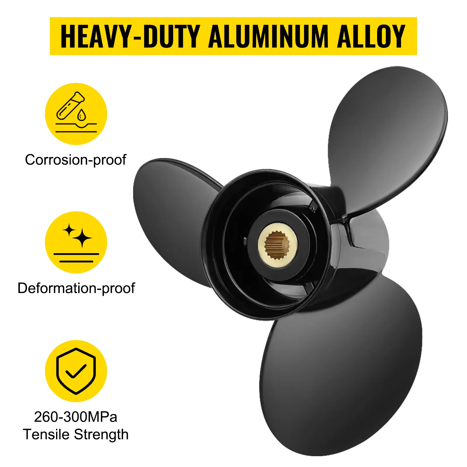 heavy-duty aluminum alloy VEVOR outboard propeller, corrosion-proof, deformation-proof, 260-300mpa tensile strength.