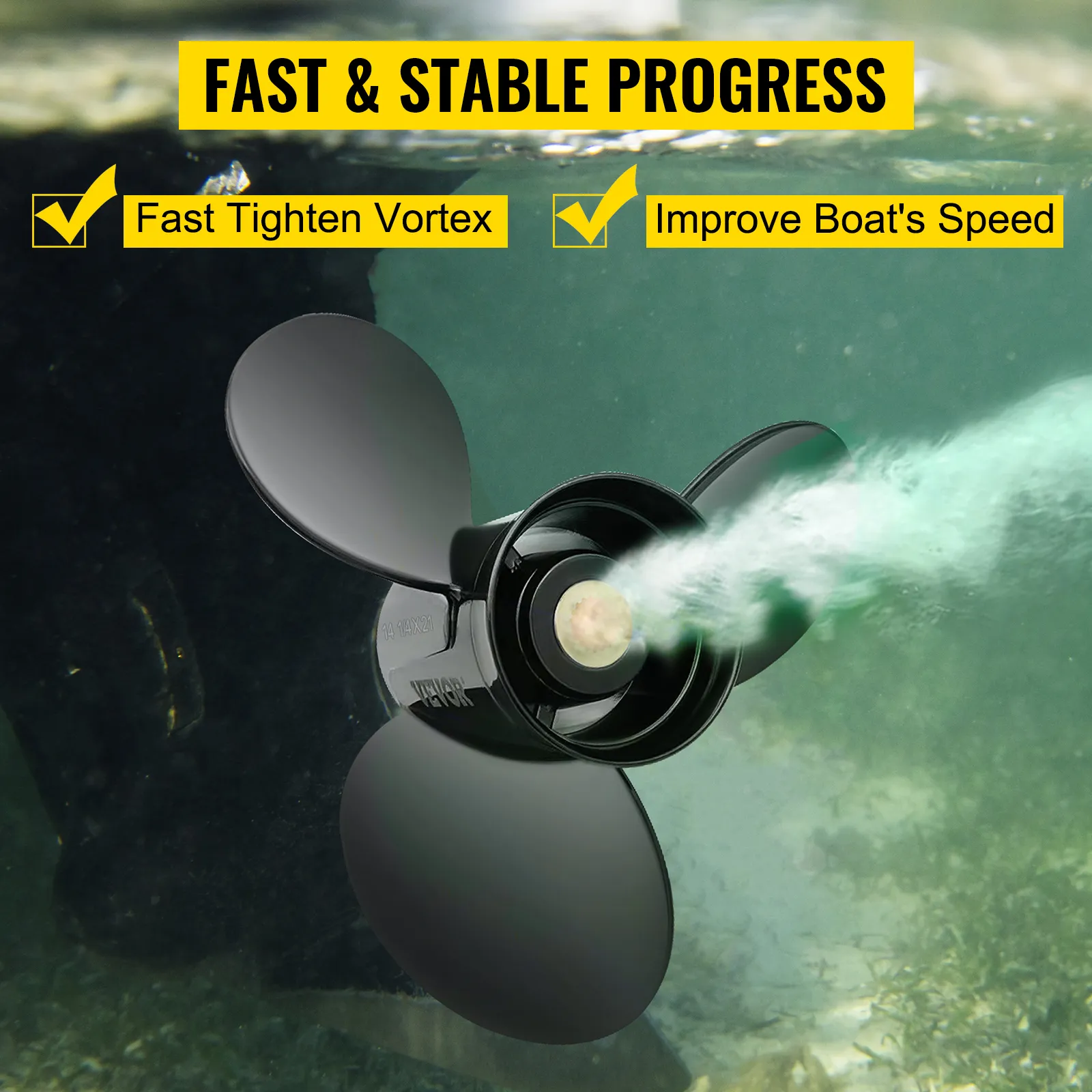 VEVOR outboard propeller underwater showing fast tighten vortex and improved boat speed benefits.