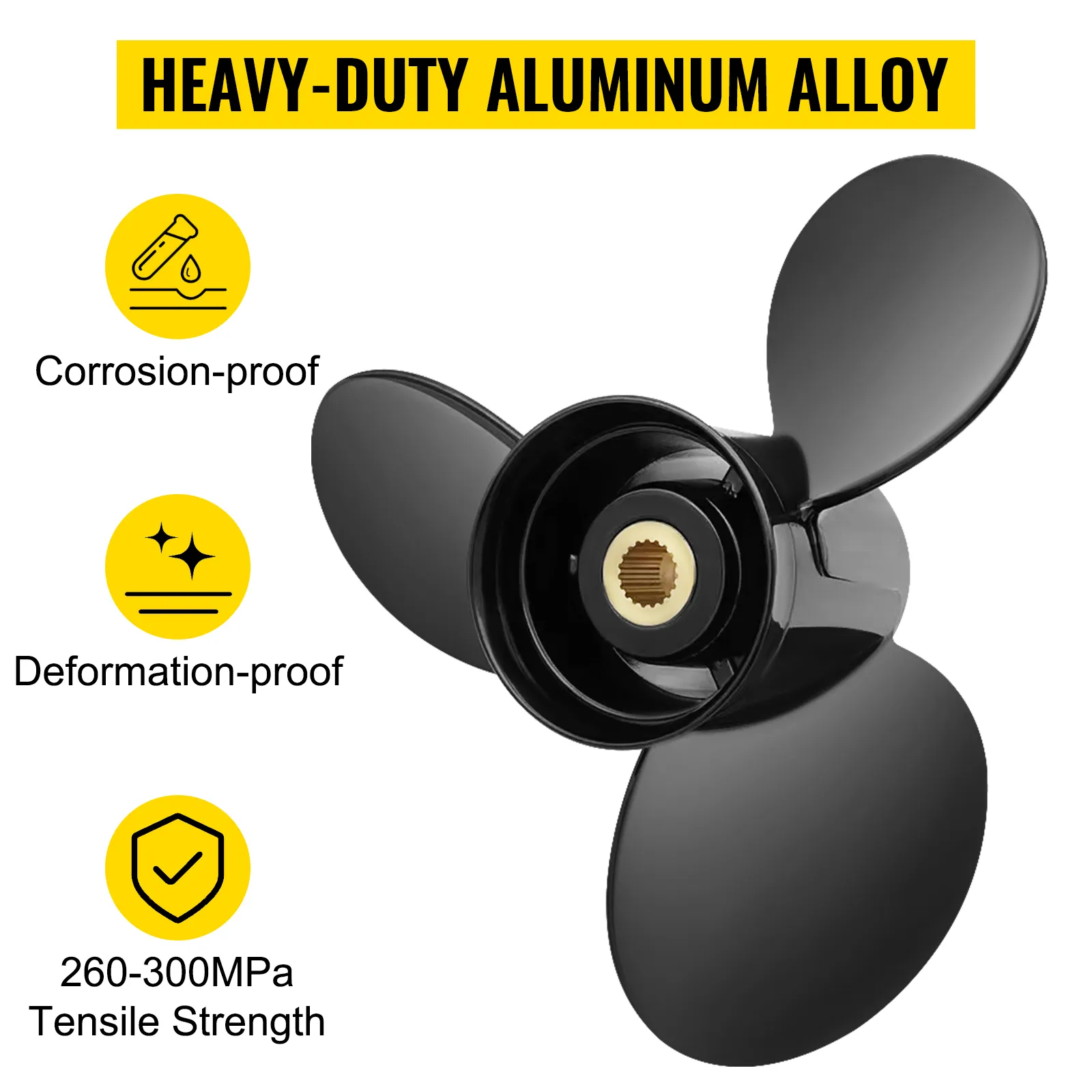 VEVOR outboard propeller made of heavy-duty aluminum alloy, corrosion-proof, deformation-proof, 260-300mpa tensile strength.