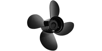 Hélice fueraborda VEVOR de cuatro palas de color negro sobre un fondo blanco, que muestra su elegante diseño.