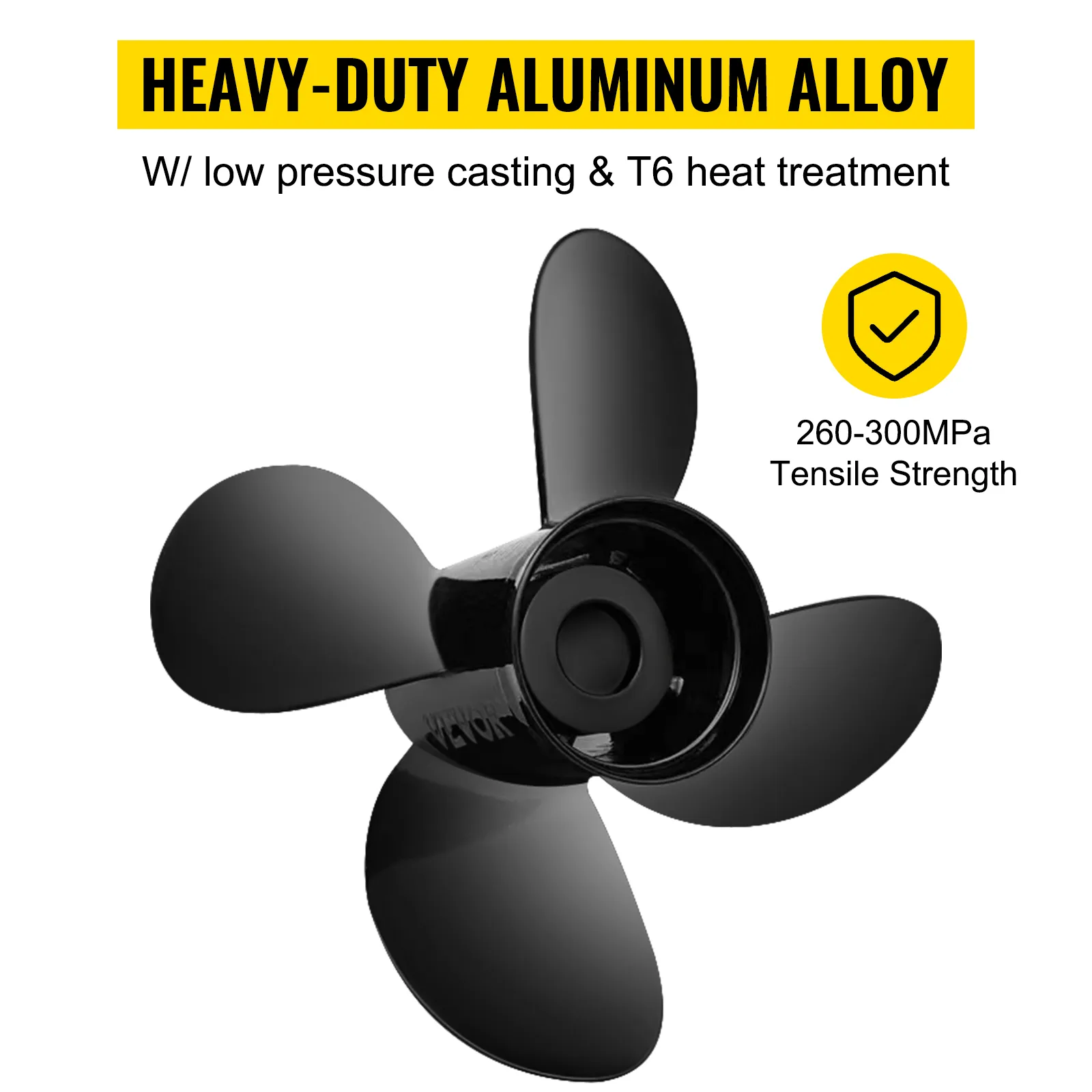 Hélice fuera de borda VEVOR fabricada en aleación de aluminio de alta resistencia, presenta fundición a baja presión y tratamiento térmico t6.