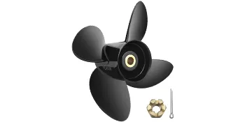 black VEVOR outboard propeller with three blades, hub kit, and pin on white background.