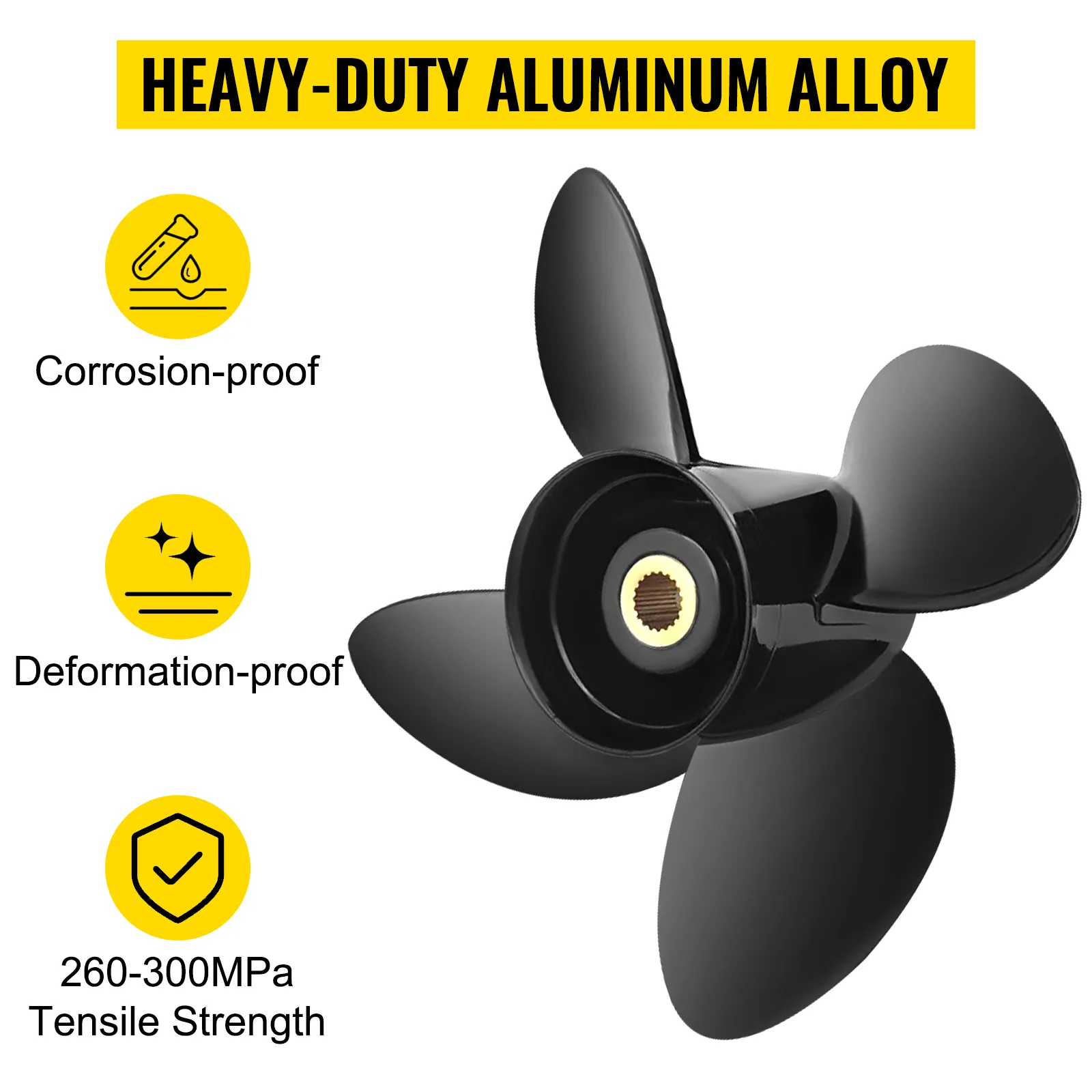 heavy-duty aluminum alloy VEVOR outboard propeller, corrosion-proof, deformation-proof, 260-300mpa tensile strength.