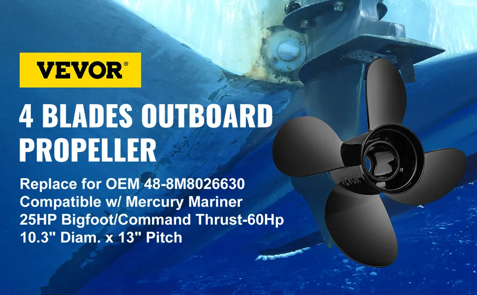 VEVOR outboard propeller, 4 blades, compatible with mercury mariner, 25hp-60hp, 10.3" diameter, 13" pitch