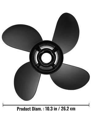 black four-blade VEVOR outboard propeller, 10.3-inch diameter, sleek design.