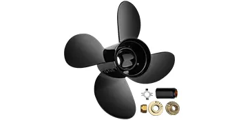 VEVOR outboard propeller with four blades and installation hardware set in black and gold.