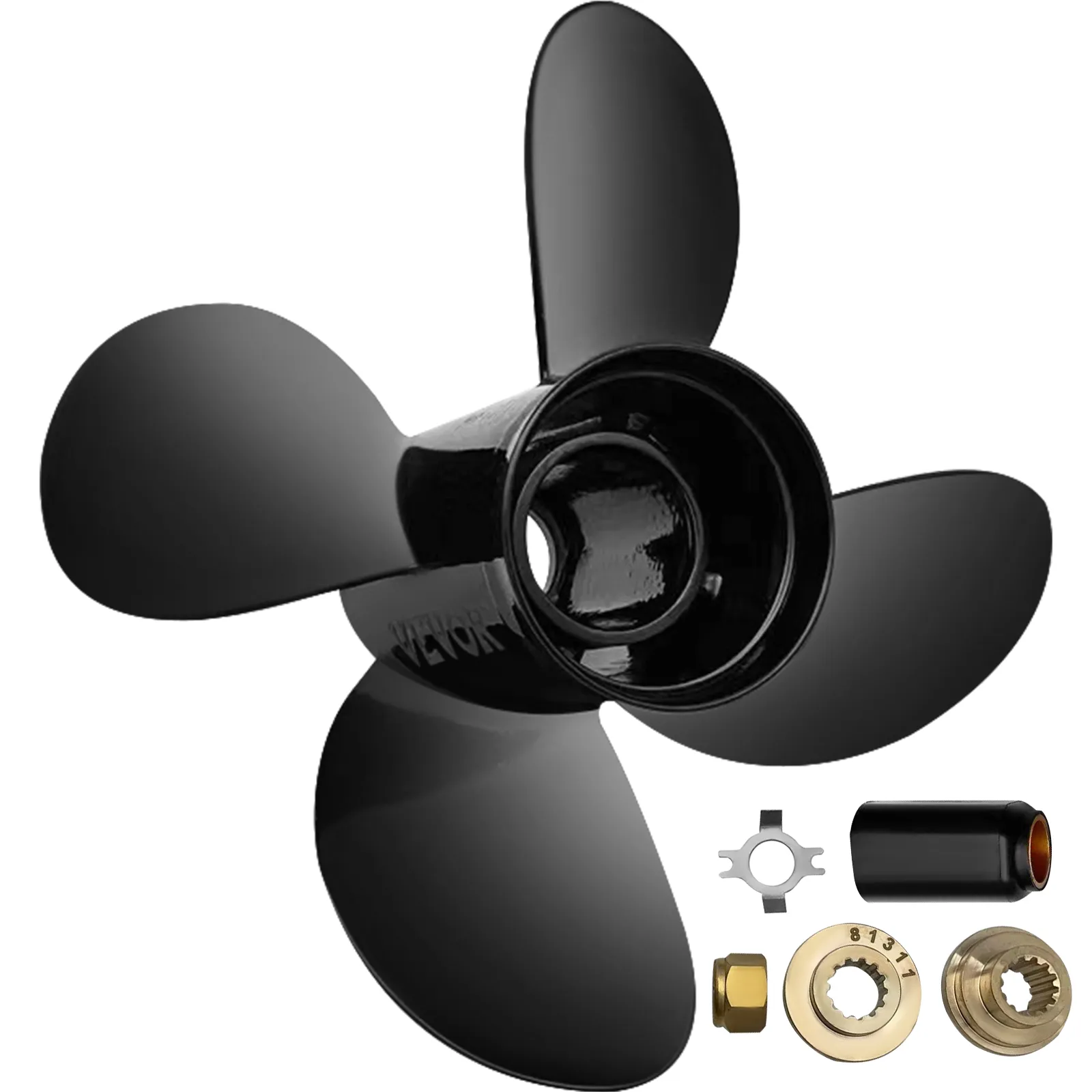 black VEVOR outboard propeller with four blades and accompanying hardware components.
