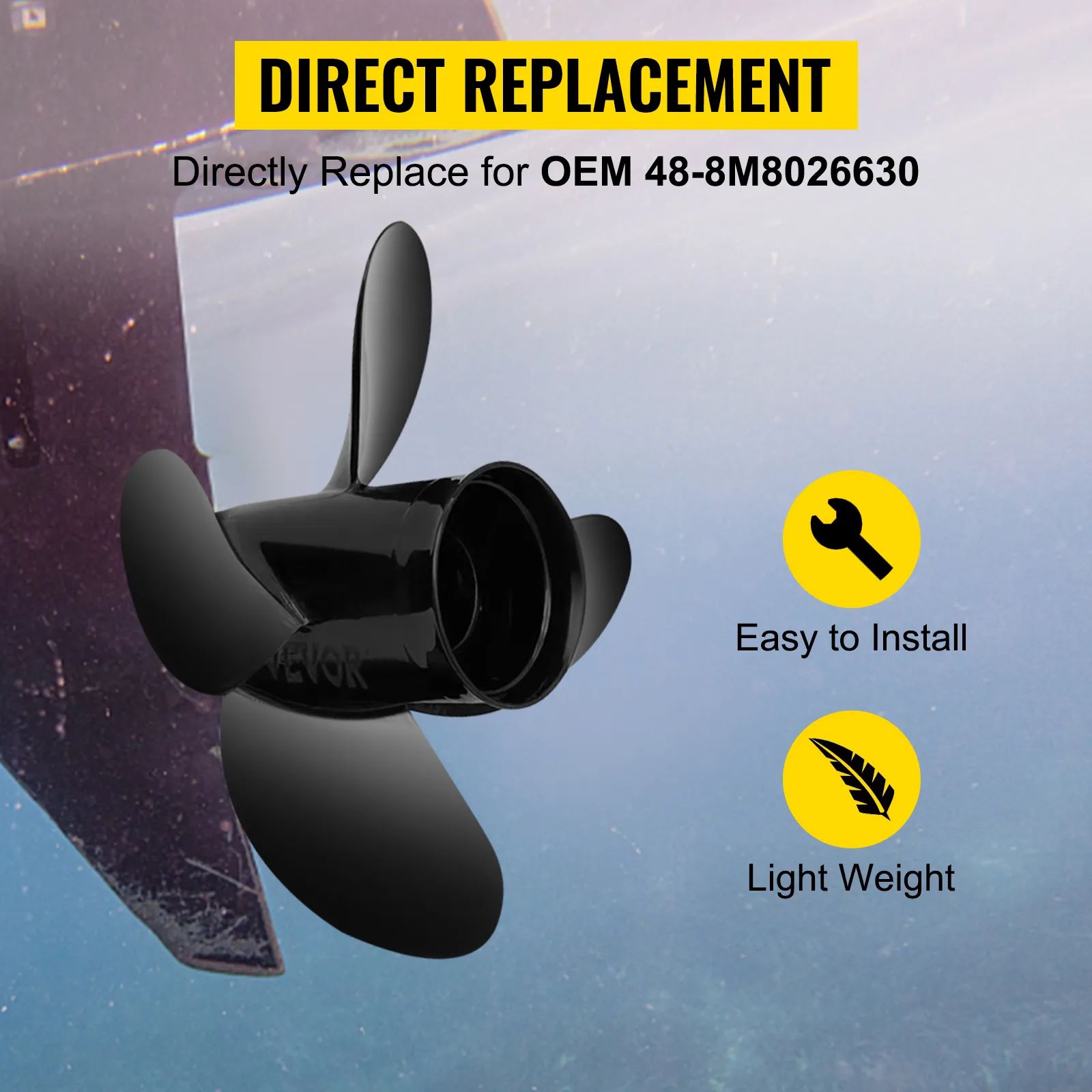 VEVOR outboard propeller replacement for oem 48-8m8026630, easy to install, lightweight.