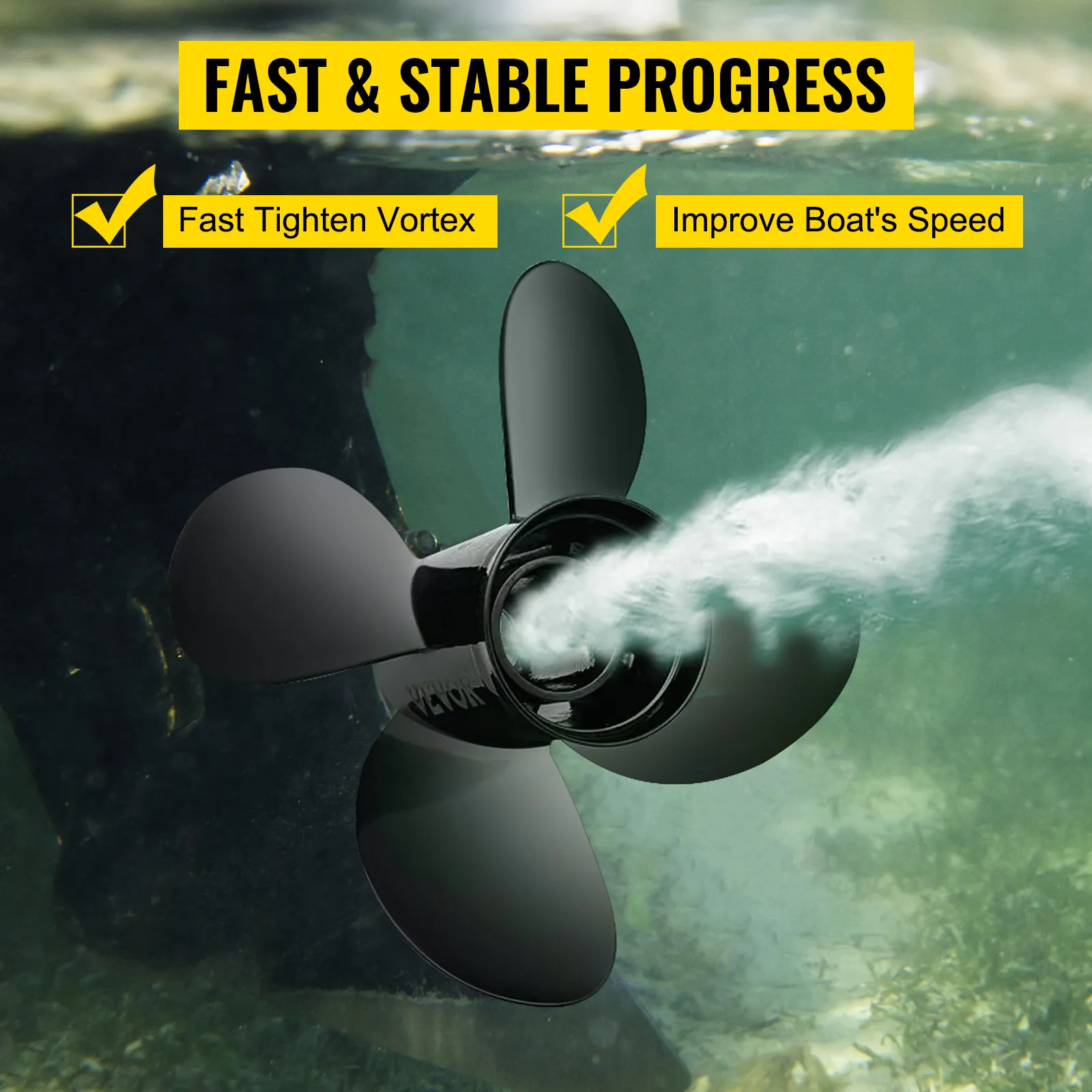 VEVOR outboard propeller underwater, creating vortex, boosting boat speed. fast & stable progress.