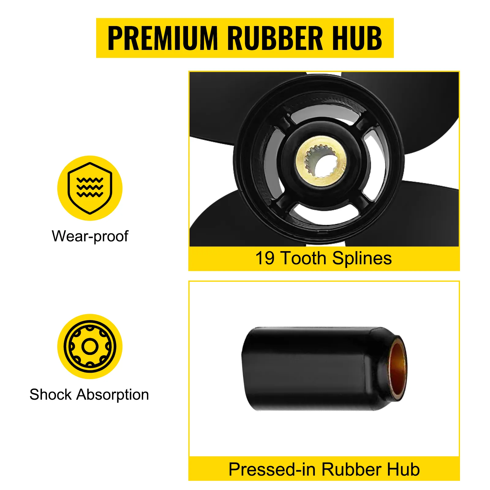 VEVOR outboard propeller with premium rubber hub, 19 tooth splines, wear-proof, and shock absorption.