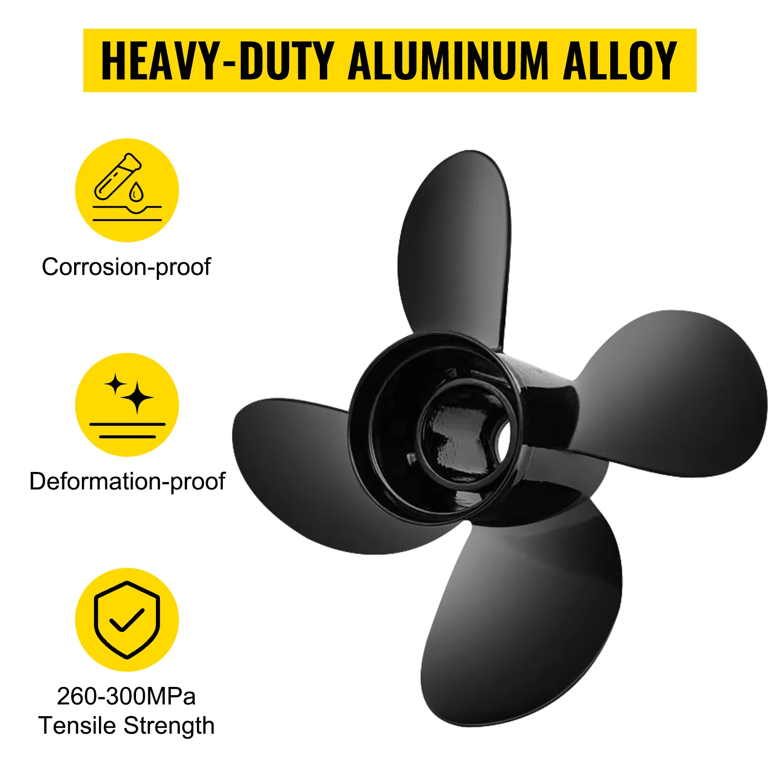 VEVOR outboard propeller made of heavy-duty aluminum alloy; corrosion-proof, deformation-proof, 260-300mpa.